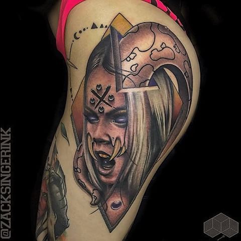 Creepy looking colored thigh tattoo of mystic woman with symbols