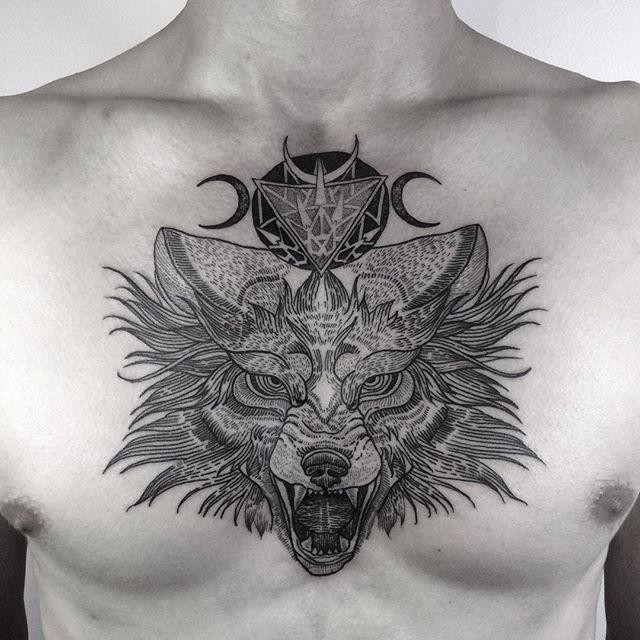 Creepy looking dot style chest tattoo of demonic wolf with symbols
