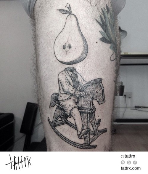 Creepy looking leg tattoo of man with toy horse and pear