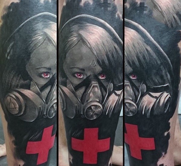 Creepy looking new school style woman in gas mask tattoo combined with big red cross