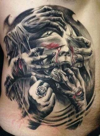 Creepy massive colored very detailed Silent Hill monsters tattoo on side