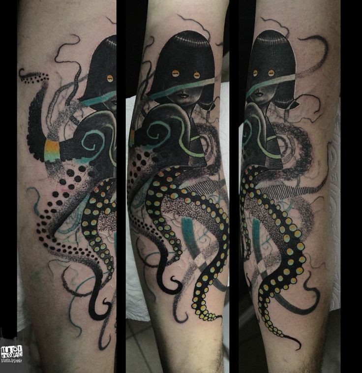 Gruselig mystisch aussehendes farbiges Arm Tattoo mit Oktopus   wie Menschen