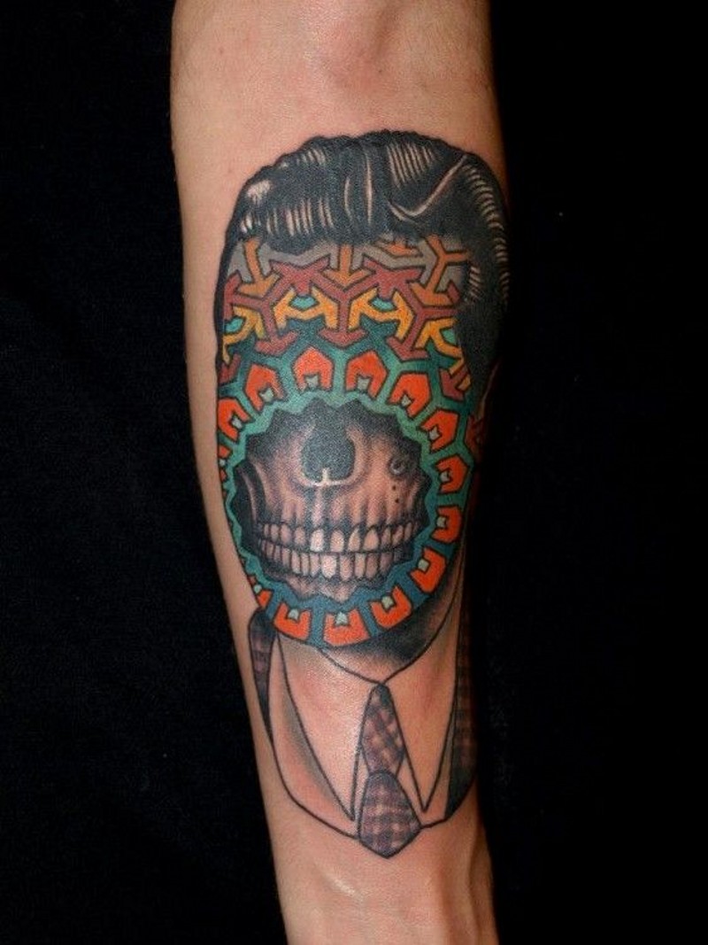Creepy painted and styled mystical portrait tattoo on arm