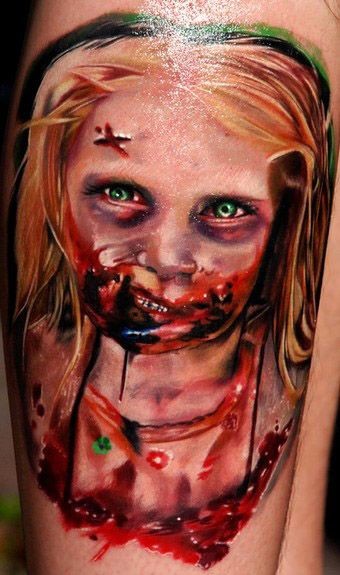 Creepy painted horrifying bloody monster girl tattoo on leg