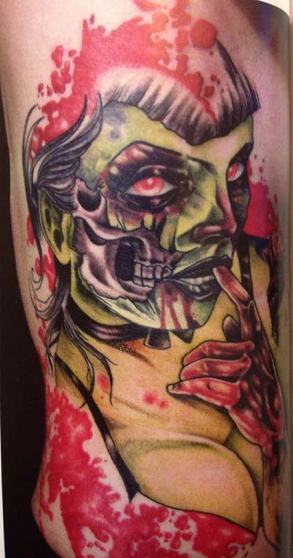 Creepy painted seductive colored bloody zombie woman tattoo on side