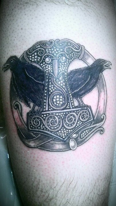 Crows and hammer of thor god tattoo