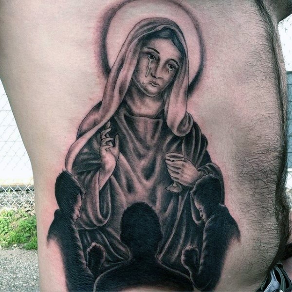 Crying Virgin Mary and prayin children dark religious huge side tattoo
