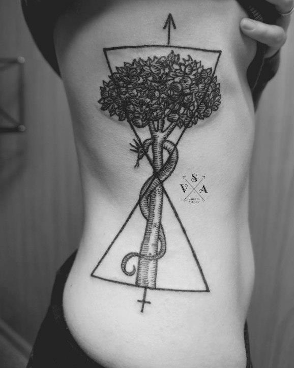 Cult style black ink side tattoo of tree with snake and geometrical figure