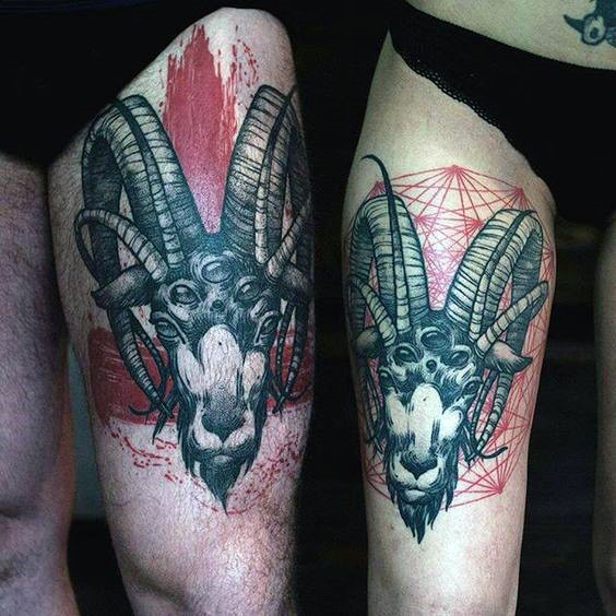Cult style colored bloody on thigh tattoo of mystic goat