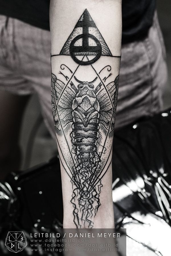 Cult style little black ink insect with mystic pyramid tattoo on arm