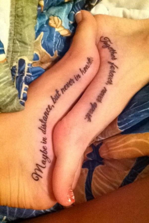 Cursive friendship quote tattoos on feet