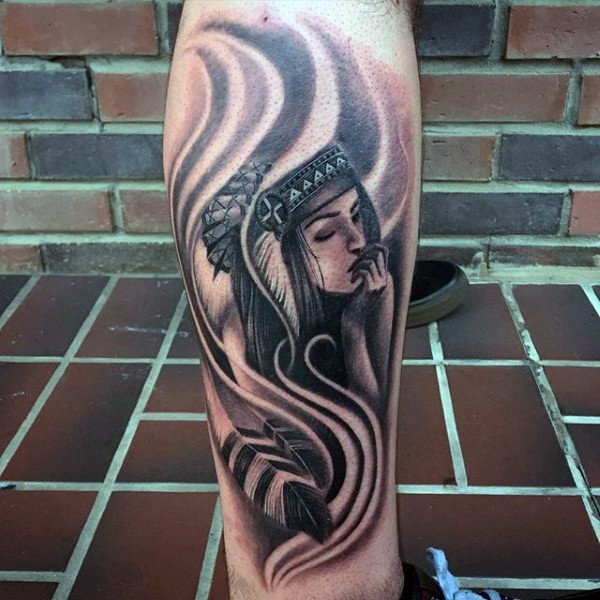 Cute 3D like black ink sad Indian woman tattoo on leg with feather