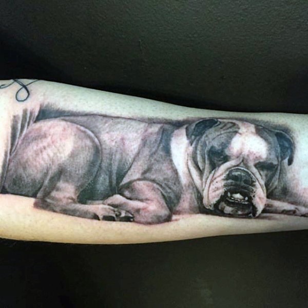 Netter 3D realistisch schwarzer und weißer in voller Größe liegender Hund Tattoo