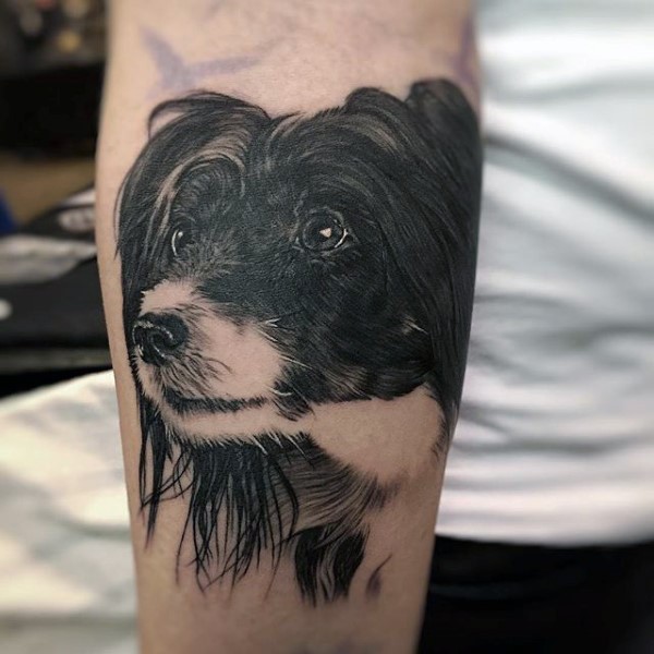 Cute 3D realistic dog&quots portrait black and white tattoo on arm