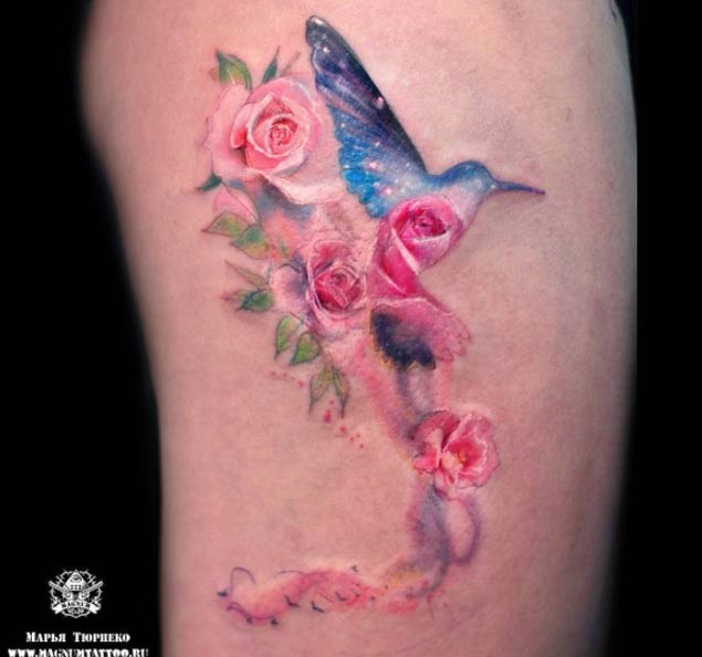 Cute 3D style painted fantasy humming bird tattoo combined with pink flowers