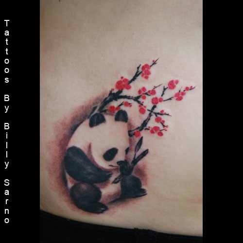 Cute Asian style panda and blossoming sakura colored tattoo by Billy Sarno
