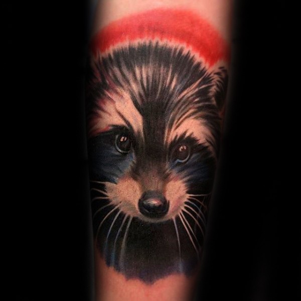 Cute beautiful looking arm tattoo of raccoon face
