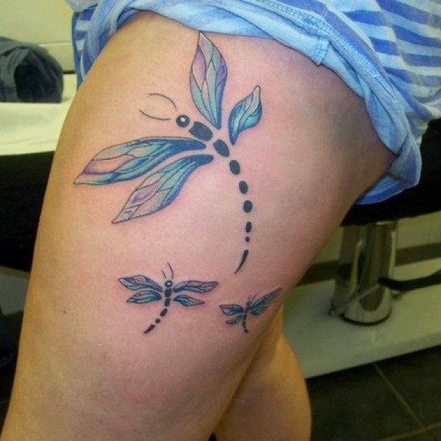 Cute blue dragonflies tattoo on leg