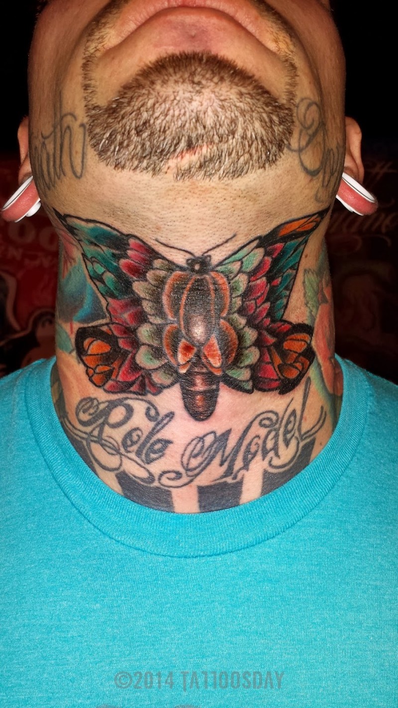 Cute butterfly throat tattoo for man