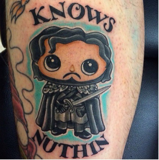 Cute cartoon like colored Game of Thrones hero tattoo with lettering