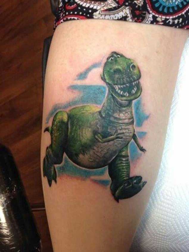 Cute cartoon running dinosaur realistic tattoo on forearm with blue shadow