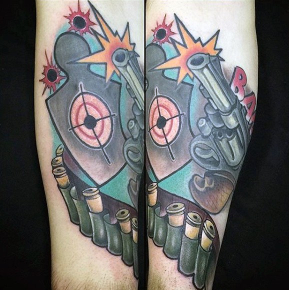 Cute cartoon style colored forearm tattoo of old revolver with missed target