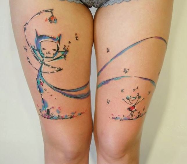 Cute coloured cat with mouse thigh tattoo for women