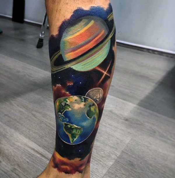 Cute creative painted colored leg tattoo of solar system planets