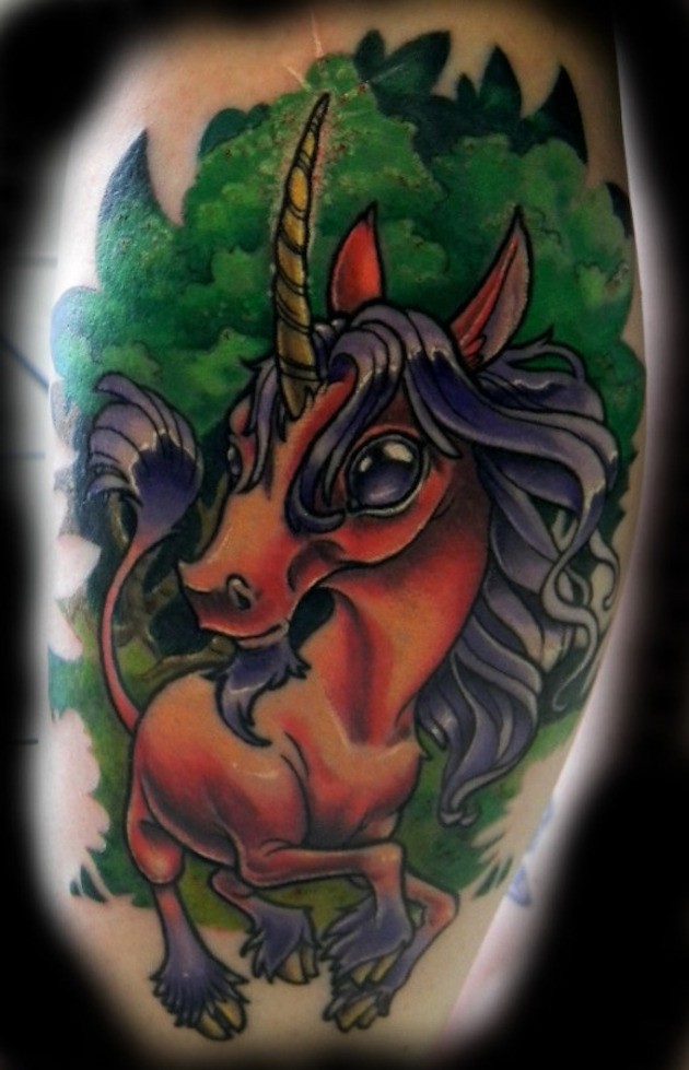 Cute fantasy cartoon style colored funny baby unicorn tattoo