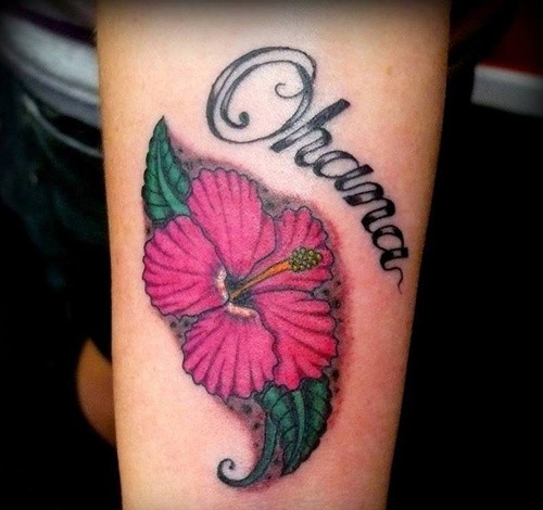 Cute hibiscus flower and name tattoo