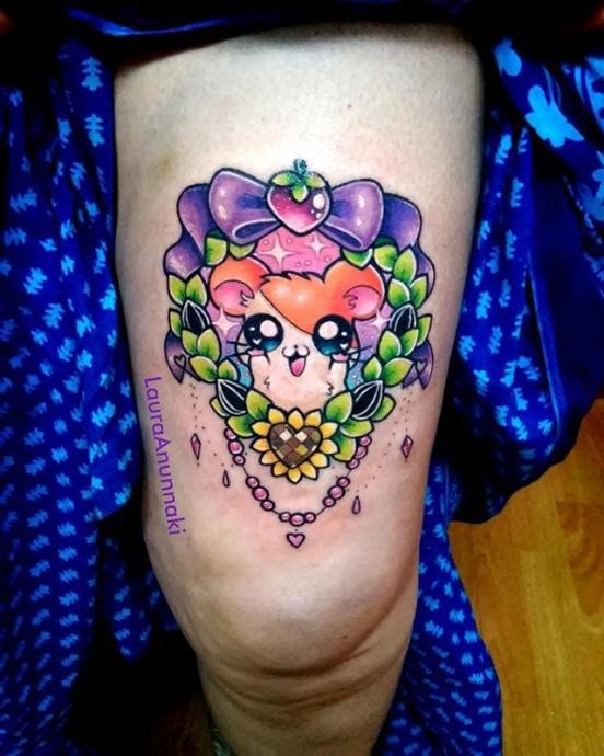Cute illustrative glowing thigh tattoo of small animal with bow