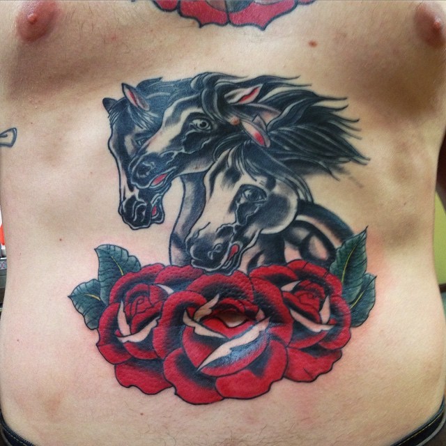 Cute illustrative style belly tattoo of running horses and roses