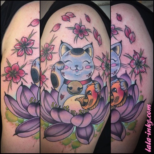 Cute illustrative style colored shoulder tattoo of maneki neko japanese lucky cat with lotus flower and carp fosh