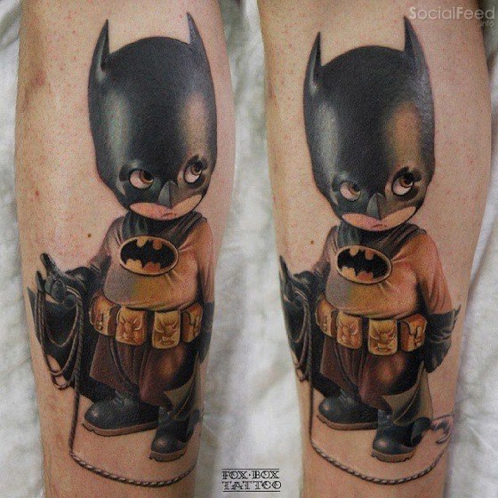 Cute illustrative style leg tattoo of baby Batman