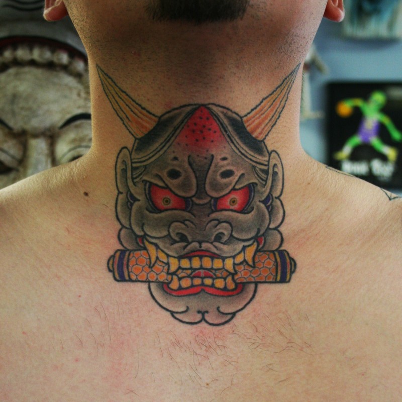 Cute interesting painted mask throat tattoo