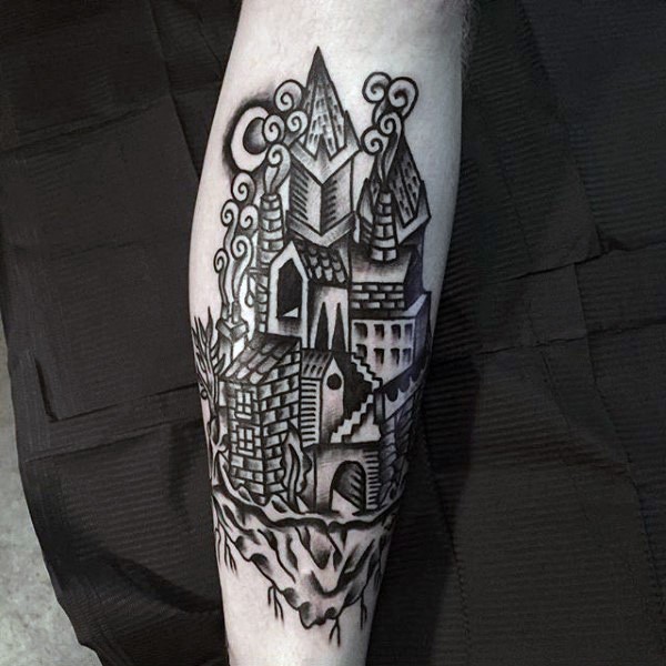 Nettes kleines cartoonisches schwarzes Schloss Tattoo am Arm