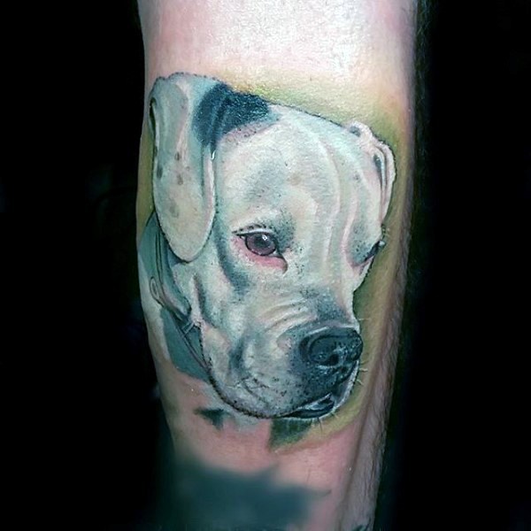 Tatuaje en la pierna, retrato de perro blanco triste