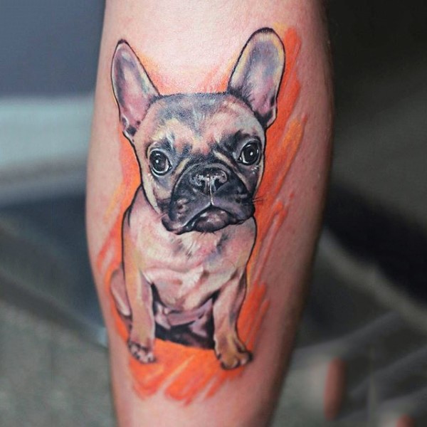 Cute little naturally colored dog tattoo on orange background