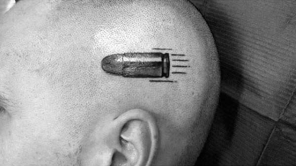 Cute little realistic pistol bullet tattoo on head