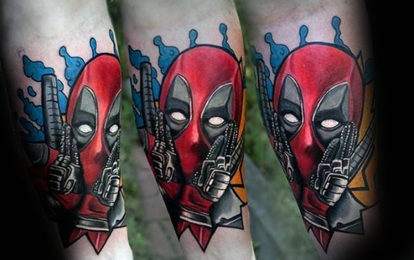 Cute looking colored forearm tattoo of scary Deadpool