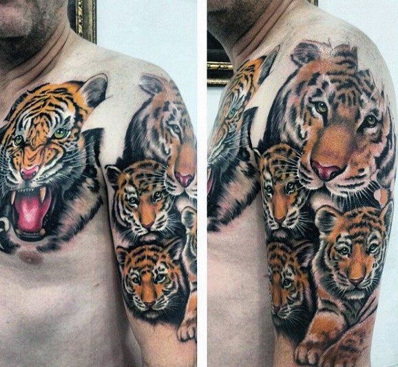 Cute looking colored shoulder and chest tattoo of tiger family
