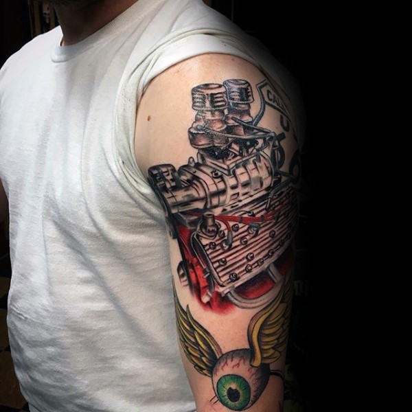 Cute looking colored shoulder tattoo of big car engine