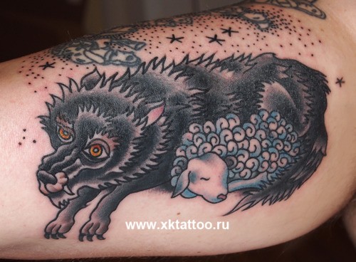 Cute looking old school style wolf with sheep tattoo on leg