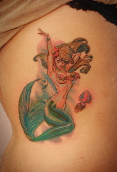 Cute mermaid tattoo on ribs