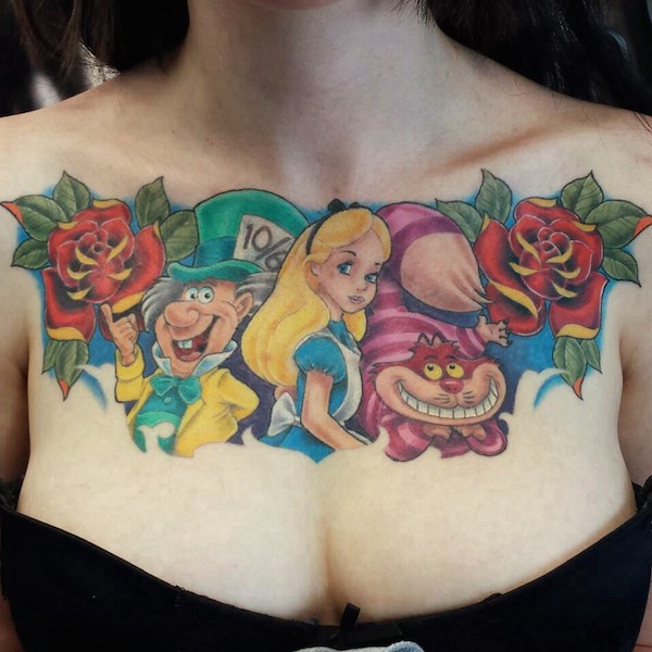 Cute natural colored fantasy Alice in wonderland cartoon tattoo on chest