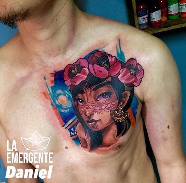Cute new school style colored chest tattoo of woman portrait and flowers