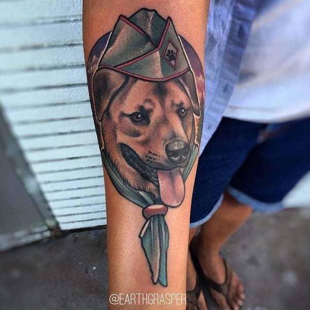 Cute new school style colored forearm tattoo of military dog