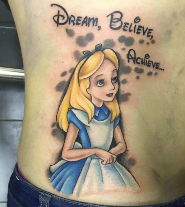 Cute old cartoon colored side tattoo of Alice in wonderland  with lettering