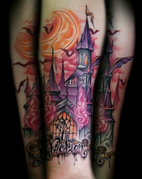 Cute old cartoon like horror castle tattoo on forearm with lettering
