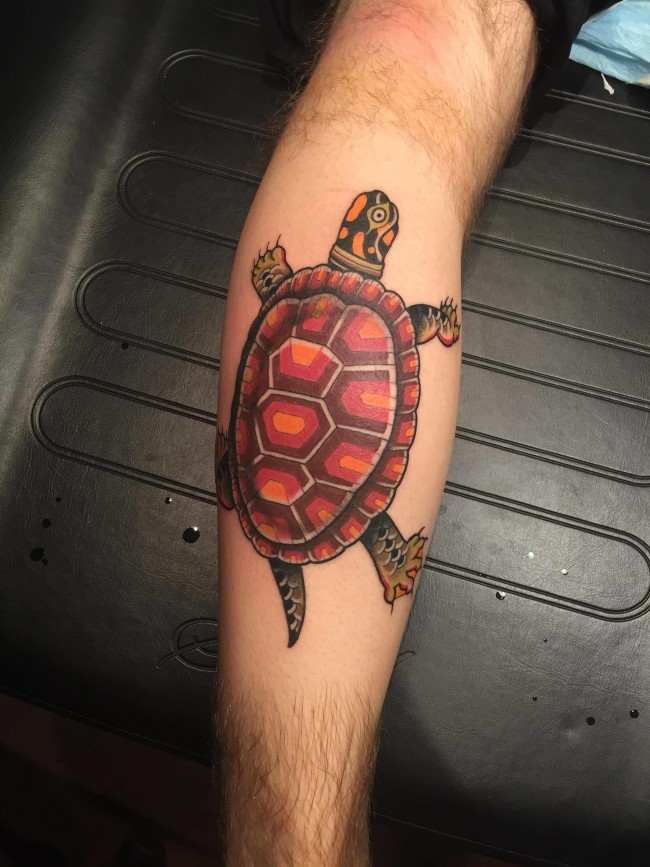 Cute original design colored crawling turtle leg detailed tattoo